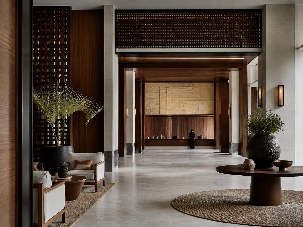 Lobby d'hôtel contemporain, architecture intérieure chaleureuse