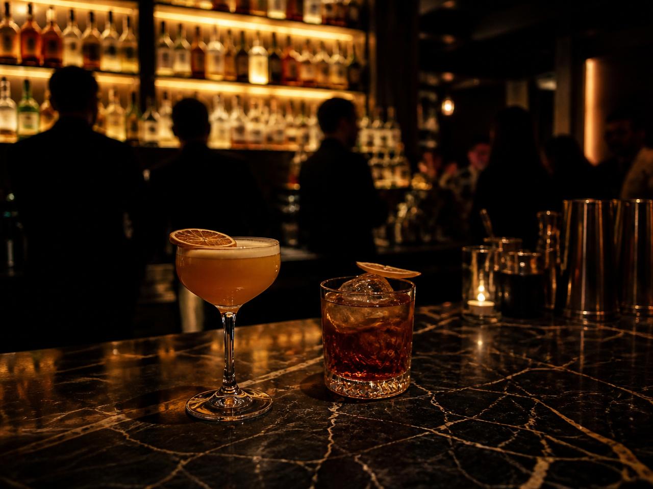 Cocktails sur un comptoir de bar élégant en ambiance nocturne