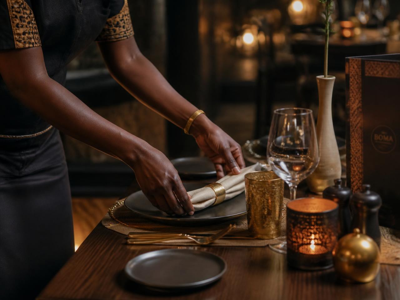 Mains dressant une table dans une salle de restaurant contemporaine